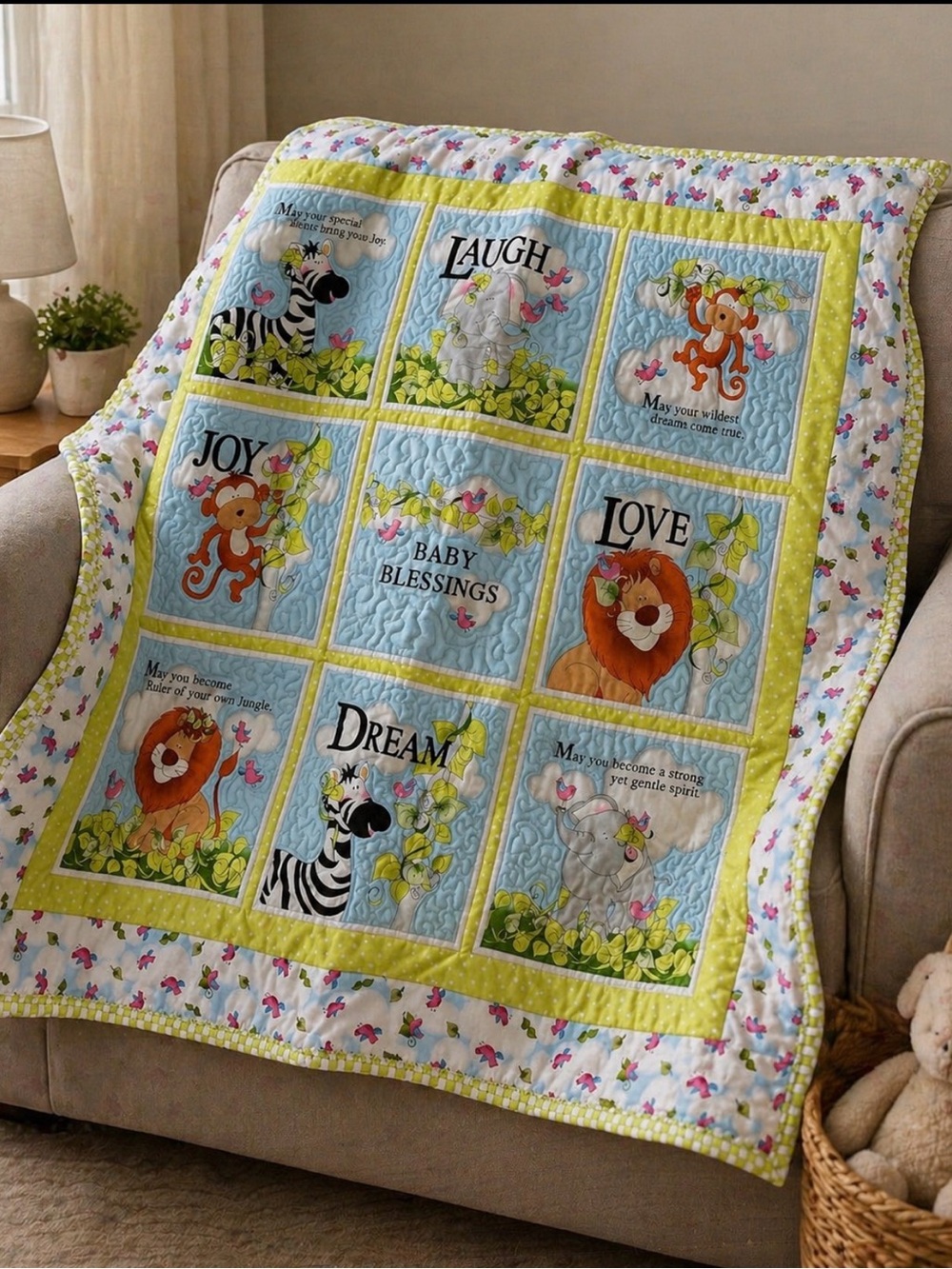 Hand made patchwork  Safari Baby Quilt - Blue and Yellow cotton